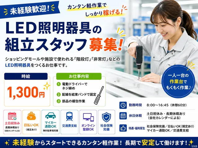 【LED照明器具の組立スタッフ】未経験歓迎！｜土日祝休み｜日払いOK｜鹿沼市