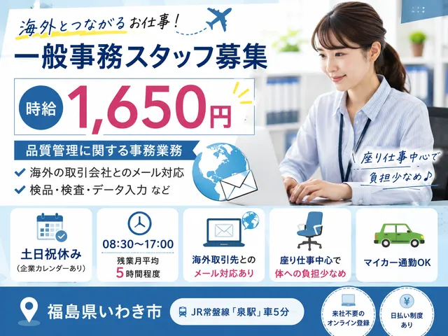 【一般事務】福島県いわき市｜派遣社員｜品質管理に関する海外取引先とのメール対応やデータ入力など