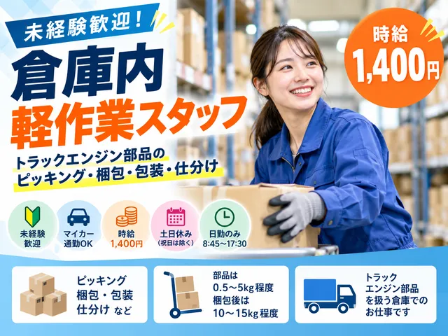 【倉庫内軽作業】未経験歓迎｜トラックエンジン部品のピッキング・梱包｜栃木市｜時給1,400円